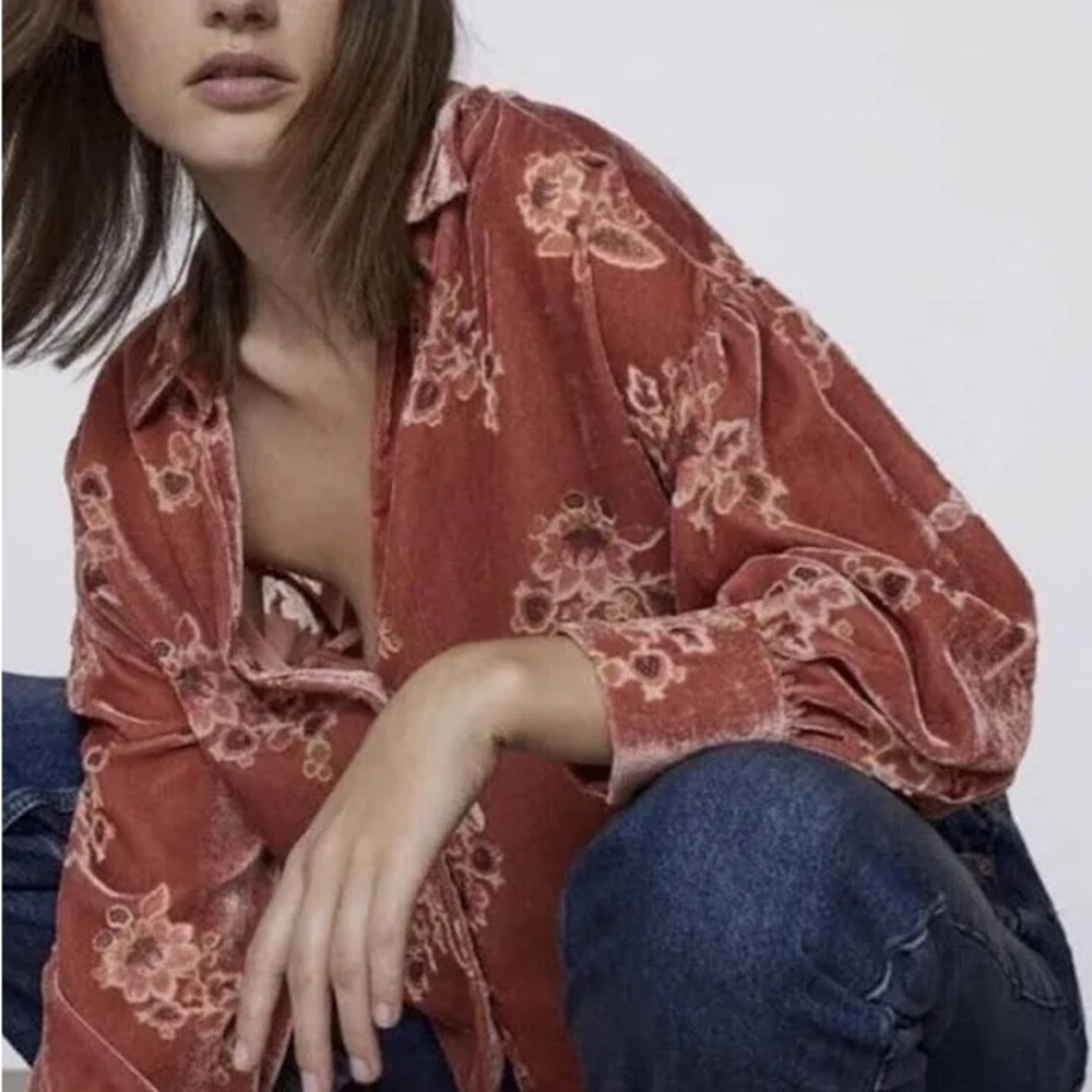Zara Floral Velvet Cropped Button Down